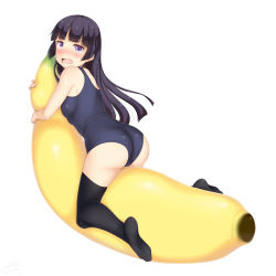 Rule 34 | 1girl, absurdres, ass, banana, black hair, black thighhighs, blue one-piece swimsuit, blush, food, from behind, fruit, full body, gokou ruri, highres, inflatable toy, leaning forward, legs, long hair, looking back, lying, on stomach, one-piece swimsuit, open mouth, ore no imouto ga konna ni kawaii wake ga nai, pink eyes, sainohikari, school swimsuit, simple background, solo, straddling, swimsuit, thighhighs, thighs, white background