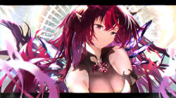 Rule 34 | 1girl, absurdres, asymmetrical bangs, bare shoulders, black hair, blurry, blurry foreground, breasts, cleavage, crystal, demon girl, demon horns, detached sleeves, detached wings, gem, getto, hair between eyes, highres, hololive, hololive english, horns, irys (hololive), large breasts, letterboxed, long hair, looking at viewer, mini wings, multicolored hair, multiple horns, out of frame, outside border, pointy ears, see-through, smile, solo, very long hair, virtual youtuber, wings