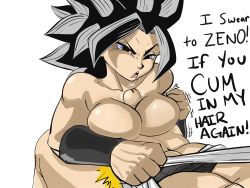 Rule 34 | 1boy, 1girl, absurdres, angry, black hair, bracelet, breasts, caulifla, clothes grab, dragon ball, dragon ball super, english text, grabbing, hetero, highres, huge penis, jewelry, medium breasts, muscular, muscular female, open mouth, paizuri, penis, ponytail, pseudocel, saiyan, simple background, trembling, white background