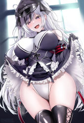 Rule 34 | 1girl, azur lane, bare shoulders, black dress, black gloves, black hair, black hat, black thighhighs, blush, breasts, clothes lift, commentary request, cowboy shot, dress, dress lift, elbe (azur lane), fang, frills, gloves, hair ornament, hat, highleg, highleg leotard, highres, large breasts, leotard, long hair, looking down, multicolored hair, open mouth, purple eyes, silver hair, skin fang, smile, solo, streaked hair, takaharu, thighhighs, thighs, white leotard, wide hips