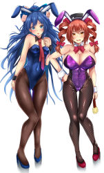 Rule 34 | 2girls, alternate breast size, alternate costume, animal ears, arm at side, bare arms, bare shoulders, black hat, black legwear, blue bow, blue eyes, blue footwear, blue hair, blush, bow, bowtie, breasts, brown legwear, cameltoe, cleavage, collarbone, commentary request, covered navel, debt, detached collar, drill hair, ebi 193, fake animal ears, fishnet pantyhose, fishnets, folding fan, full body, gluteal fold, hair between eyes, hair bow, hand fan, hand on own hip, hand up, hat, hat bow, head tilt, high heels, holding, holding fan, huge breasts, leotard, long hair, looking at viewer, medium breasts, mini hat, mini top hat, multiple girls, necktie, open mouth, orange eyes, orange hair, pantyhose, playboy bunny, purple legwear, rabbit ears, red bow, red footwear, red neckwear, scowl, shiny clothes, shoes, siblings, simple background, sisters, standing, thigh gap, thighs, top hat, touhou, twin drills, twintails, v-shaped eyebrows, white background, white bow, wrist cuffs, yorigami jo&#039;on, yorigami shion