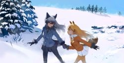 Rule 34 | 10s, 2girls, :d, :o, animal ears, black gloves, blonde hair, blue sky, bow, bowtie, buttons, cold, day, eye contact, eyelashes, ezo red fox (kemono friends), fox ears, fox tail, from side, fur trim, gloves, grey hair, hair between eyes, highres, kemono friends, kita kitsune, long hair, long sleeves, looking at another, multicolored hair, multiple girls, necktie, open mouth, orange eyes, outdoors, outstretched arm, outstretched arms, pantyhose, pine tree, pleated skirt, pocket, profile, rock, scenery, shirt, sidelocks, silver fox (kemono friends), skirt, sky, smile, snow, tail, tareme, tree, treeware, two-tone hair, walking