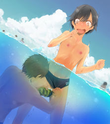 Rule 34 | 1girl, androgynous, artist request, bad id, bad pixiv id, bestiality, black male swimwear, black swim briefs, censored, character request, clothing aside, copyright request, flat chest, interspecies, male swimwear, male swimwear aside, nipples, reverse trap, sea cucumber, swim briefs, swim briefs aside, swimsuit, swimsuit aside, tomboy, vaginal, water
