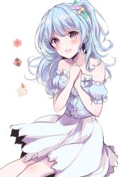 Rule 34 | 1girl, :d, bang dream!, bare shoulders, blue hair, blue shirt, blush, cake, checkerboard cookie, cookie, detached sleeves, flower, food, frilled sleeves, frills, hair flower, hair ornament, hands on own chest, light blue hair, long hair, looking at viewer, matsubara kanon, one side up, open mouth, own hands together, purple eyes, shirt, simple background, sitting, skirt, smile, solo, sotsunaku, strawberry shortcake, white background, white skirt