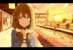 Rule 34 | 1girl, blush, brown eyes, brown hair, cityscape, female focus, hair between eyes, letterboxed, nature, original, outdoors, plant, railroad tracks, sky, smile, solo, sunset, tears, train station, vient, vocaloid