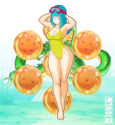 Rule 34 | 1girl, 3d, alternate breast size, arms behind back, artist request, bare legs, bare shoulders, barefoot, blue eyes, blue hair, breasts, cleavage, covered navel, curvy, dragon ball, dragon ball (object), dragonball z, female focus, full body, highleg, highleg swimsuit, long hair, looking at viewer, maron (dragon ball), matching hair/eyes, medium breasts, one-piece swimsuit, shiny skin, sleeveless, smile, solo, standing, swimsuit, thighs, wide hips, yellow one-piece swimsuit