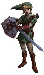 Rule 34 | 1boy, absurdres, armor, blonde hair, blue eyes, boots, chainmail, earrings, frown, gauntlets, gloves, hat, highres, holding, holding sword, holding weapon, hylian shield, jewelry, link, male focus, nintendo, official art, pointy ears, shield, solo, sword, the legend of zelda, tunic, weapon