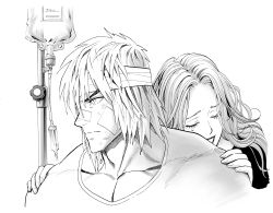 Rule 34 | 1boy, 1girl, absurdres, bandaged head, bandages, bandaid, bandaid on cheek, bandaid on face, bandaid on nose, capcom, character request, check character, closed mouth, eliza masters, fingernails, greyscale, highres, intravenous drip, ken masters, medium hair, monochrome, murata yuusuke, muscular, shirt, simple background, smile, street fighter, tears, traditional media, white background