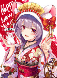Rule 34 | 1girl, 2020, animal, animal ear fluff, animal ears, bell, black choker, blush, bow, choker, commentary request, floral print, happy new year, highres, hinata sora, holding, holding animal, japanese clothes, kimono, long sleeves, looking at viewer, mouse (animal), mouse ears, new year, open mouth, original, purple hair, red bow, red eyes, smile, solo, teeth, upper teeth only, v, wide sleeves