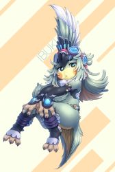 Rule 34 | 1girl, claws, crop top, detached sleeves, feather hair, feathers, finch (xenoblade), flat chest, fur collar, gem, goggles, goggles on head, highres, long hair, monster girl, neck fur, nintendo, open mouth, simple background, solo, talons, toeless legwear, xenoblade chronicles (series), xenoblade chronicles 2