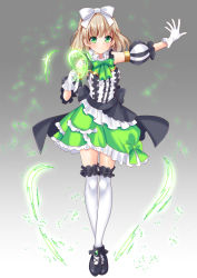 Rule 34 | 1girl, bad id, bad pixiv id, bare shoulders, black footwear, blush, bow, breasts, closed mouth, commentary request, detached sleeves, frilled skirt, frilled thighhighs, frills, full body, gloves, gradient background, green bow, green eyes, green skirt, grey background, hair bow, light brown hair, long hair, medium breasts, misaki (misaki86), original, outstretched arm, puffy short sleeves, puffy sleeves, shirt, shoes, short sleeves, skirt, smile, solo, standing, thighhighs, white background, white bow, white gloves, white shirt, white thighhighs