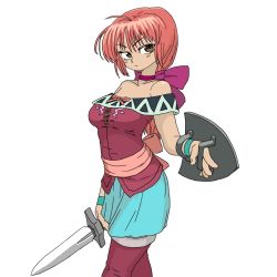 Rule 34 | 1girl, ahoge, bare shoulders, blue skirt, bow, bracelet, breasts, brown eyes, collarbone, cowboy shot, gobori, holding, holding shield, holding sword, holding weapon, jewelry, long hair, looking at viewer, medium breasts, off shoulder, original, pink hair, purple bow, shield, simple background, skirt, solo, standing, sword, weapon, white background