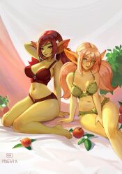 Rule 34 | absurdres, apple, arm behind head, arm up, artist name, bare arms, bare legs, bare shoulders, barefoot, between legs, blonde hair, bow, bow bra, bow panties, bra, breasts, collarbone, colored skin, commentary, earrings, english commentary, female goblin, flower, food, fruit, goblin, green bra, green eyes, green panties, green skin, hair between eyes, hair flower, hair ornament, hand between legs, highres, hoop earrings, jewelry, large breasts, large ears, long hair, looking at viewer, low twintails, maewix (artist), medium breasts, navel, original, panties, parted lips, pointy ears, red bra, red eyes, red hair, red panties, smile, stomach, thick eyebrows, twintails, underwear, underwear only