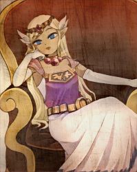 Rule 34 | 1girl, 2018, armor, belt, blonde hair, blue eyes, chair, dark skin, dress, elbow gloves, frown, gloves, hair ornament, hand on own cheek, hand on own face, jewelry, long hair, looking at viewer, necklace, nintendo, princess zelda, sitting, tetra, the legend of zelda, the legend of zelda: the wind waker, tomboy, toon zelda, usushira
