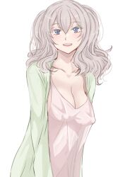 Rule 34 | 1girl, absurdres, alternate costume, blue eyes, breasts, camisole, cleavage, collarbone, commentary request, grey hair, highres, kantai collection, kashima (kancolle), ken (shutenndouji1), large breasts, long hair, open clothes, open mouth, open robe, robe, round teeth, simple background, solo, teeth, upper teeth only, wavy hair, white background, white camisole, white robe