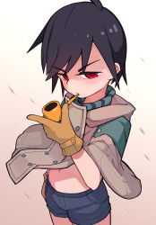 Rule 34 | 1girl, absurdres, ahoge, arm at side, black hair, blue shorts, blush, brown coat, closed mouth, coat, cowboy shot, female focus, gloves, gradient background, half-closed eyes, hand up, highres, hijiriido miyo, holding, holding smoking pipe, hondoumachi koharu, id :invaded, light blush, looking at viewer, midriff, navel, pipe in mouth, pocket, red eyes, short hair, short shorts, shorts, simple background, smoking pipe, solo, standing, stomach, sweat, v-shaped eyebrows, white background, yellow gloves, yellowparrot
