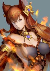 Rule 34 | 10s, 1girl, animal ears, anthuria, breasts, cleavage, detached sleeves, covered erect nipples, erune, fire, granblue fantasy, hair ornament, highres, large breasts, long hair, looking at viewer, off shoulder, red eyes, red hair, shimashima (simasima 23), solo