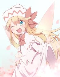 Rule 34 | 1girl, absurdres, blonde hair, blue eyes, blush, capelet, clothes lift, fairy, fairy wings, hat, highres, lifted by self, lily white, long hair, long sleeves, looking at viewer, one eye closed, open mouth, shirt, skirt, skirt lift, smile, solo, touhou, white capelet, white hat, white shirt, white skirt, wings, yutamaro