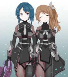 Rule 34 | 2girls, aizawa kazuha, arms at sides, assault lily, asymmetrical hair, asymmetrical legwear, belt, black gloves, black leotard, black sailor collar, blue eyes, blue hair, blunt bangs, breasts, brown hair, crying, crying with eyes open, detached sleeves, gloves, gradient background, hair ornament, hair ribbon, hairclip, happy tears, high side ponytail, holding, holding hands, holding weapon, iijima renka, leotard, medium breasts, mismatched legwear, multiple girls, neckerchief, official alternate costume, pelvic curtain, ribbon, sailor collar, side-by-side, smile, standing, tears, thigh strap, weapon, zetton (zton1)