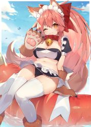 Rule 34 | 1girl, ;), air mattress, animal ear fluff, animal ears, animal hands, apron, arm support, bell, bikini, bikini skirt, black bikini, blue sky, blush, bow, breasts, bright pupils, cleavage, closed mouth, collar, day, fate/grand order, fate (series), feet out of frame, fox ears, fox girl, fox tail, frilled apron, frills, gloves, groin, hair bow, high ponytail, highres, jingle bell, large breasts, leaning back, long hair, looking at viewer, maid, maid bikini, maid headdress, muryotaro, one eye closed, orange eyes, outdoors, paw gloves, pink hair, puffy short sleeves, puffy sleeves, red bow, ringed eyes, short sleeves, sidelocks, sitting, skindentation, sky, smile, solo, swimsuit, tail, tamamo (fate), tamamo cat (fate), thighhighs, thighs, unconventional maid, v-shaped eyebrows, very long hair, waist apron, water, water drop, white apron, white thighhighs