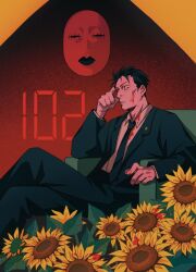 Rule 34 | 1boy, 1other, arm up, black hair, black lips, black necktie, black suit, blood, blood on clothes, blood on face, collared shirt, couch, crossed legs, flower, formal, hand on own face, highres, higuruma hiromi, judgeman (jujutsu kaisen), jujutsu kaisen, leaf, looking at viewer, necktie, on couch, parted lips, shirt, short hair, sitting, suit, sunflower, vah arina, white shirt