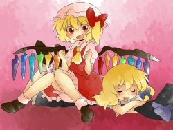 Rule 34 | &gt;:d, 2girls, :d, ascot, bad id, bad pixiv id, blonde hair, bloomers, bow, braid, comic, crossed arms, dress, closed eyes, female focus, flandre scarlet, hair bow, hammer (sunset beach), hat, unworn hat, unworn headwear, kirisame marisa, lying, multiple girls, on stomach, open mouth, red eyes, shoes, side ponytail, silent comic, sitting, sitting on person, smile, touhou, underwear, v-shaped eyebrows, wings, witch, witch hat
