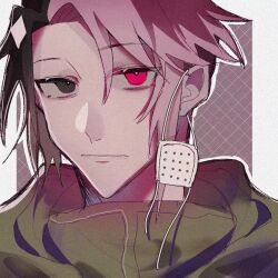 Rule 34 | 1boy, :|, a (yangchaunli), black eyes, black hair, chinese commentary, closed mouth, commentary request, eyepatch, film grain, green jacket, heterochromia, jacket, looking at viewer, male focus, medical eyepatch, multicolored hair, mutsushika misumi, parted bangs, pink hair, red eyes, saibou shinkyoku, short hair, solo, split-color hair, two-tone hair, unworn eyepatch