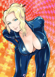 Rule 34 | 10s, 1girl, bent over, blonde hair, blue eyes, bodysuit, breasts, cleavage, covered erect nipples, downblouse, female focus, gloves, gradient background, grin, hair bun, hair ornament, hair stick, hands on own hips, high collar, large breasts, latex, latex suit, leaning forward, lens flare, nancy lee, ninja slayer, no bra, shiny clothes, short hair, sidelocks, single hair bun, smile, solo, ueyama michirou
