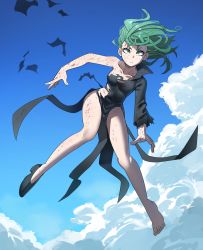 Rule 34 | 1girl, bare legs, battle damage, black dress, blue sky, breasts, cloud, cloudy sky, curly hair, damaged, day, dress, psychic, fantasy, feet, floating, flying, full body, green eyes, green hair, highres, jourd4n, levitation, magic, medium hair, one-punch man, outdoors, psychic, sky, small breasts, spoilers, tatsumaki, thighs, torn clothes, torn dress, v-shaped eyebrows