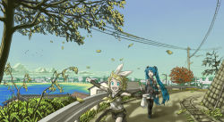 Rule 34 | 2girls, :d, aqua eyes, architecture, autumn, autumn leaves, bag, black legwear, blonde hair, blue hair, day, diolemonde, east asian architecture, hair ornament, hairclip, happy, hatsune miku, kagamine rin, leaf, long hair, multiple girls, neckerchief, necktie, ocean, open mouth, outstretched arms, power lines, road, running, scenery, shopping bag, shorts, sky, smile, spread arms, spring onion, thighhighs, town, tree, tree shade, twintails, utility pole, vocaloid, wind, zettai ryouiki