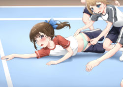 Rule 34 | 2girls, 2others, absurdres, assisted exposure, blue eyes, blush, braid, braided ponytail, breasts, brown hair, collarbone, commentary request, green panties, gym uniform, hair ribbon, highres, light brown hair, long hair, looking at another, multiple girls, multiple others, nedia (nedia region), open mouth, original, panties, pantyshot, ponytail, purple eyes, ribbon, running, shorts, sweatdrop, underwear