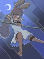 Rule 34 | 1girl, animal ears, arrow (projectile), barefoot, blue background, blue eyes, blue ribbon, bow (weapon), brown hair, commentary request, crescent moon, dark-skinned male, dark skin, drawing bow, dress, flying, frilled dress, frills, full body, hair ribbon, highres, holding, holding arrow, holding bow (weapon), holding weapon, long hair, looking at viewer, medium bangs, moon, night, open mouth, pyonkitiusausa, rabbit and steel, rabbit ears, rabbit girl, ribbon, smile, sniper rabbit, snout, solo, thick eyebrows, thigh strap, v-shaped eyebrows, very long hair, weapon, white dress