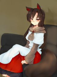 Rule 34 | 1girl, animal ears, blush, brown hair, couch, dress, imaizumi kagerou, long hair, looking at viewer, mizuga, red eyes, sitting, smile, solo, tail, touhou, wolf ears, wolf tail