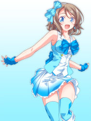 Rule 34 | 10s, 1girl, blouse, blue background, blue bow, blue eyes, blue footwear, blue gloves, blue shirt, blue skirt, blue thighhighs, boots, bow, cowboy shot, earrings, fingerless gloves, gloves, gluteal fold, gradient background, grey hair, hair bow, idol, jewelry, kikuchi tsutomu, lace, lace-trimmed skirt, lace trim, leg up, looking at viewer, love live!, love live! school idol festival, love live! sunshine!!, open mouth, pleated skirt, shirt, short hair, skindentation, skirt, sleeveless, smile, solo, standing, standing on one leg, sweat, thighhighs, watanabe you