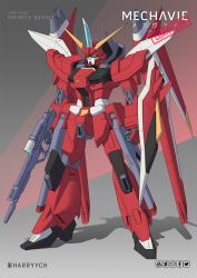 Rule 34 | beam rifle, blue eyes, character name, clenched hand, commentary, commission, energy gun, english commentary, fusion, gun, gundam, gundam seed, gundam seed destiny, harryych, highres, holding, holding gun, holding weapon, infinite justice gundam, mecha, mobile suit, robot, saviour gundam, science fiction, shield, solo, v-fin, weapon