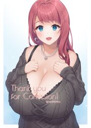 Rule 34 | 1girl, alternate breast size, aran sweater, asahina akane (2nd costume) (nijisanji), asahina akane (nijisanji), black bra, blue eyes, bra, breasts, cable knit, cleavage, commission, dress, earrings, fang, gradient background, grey sweater, hands on own chest, heart, heart earrings, highres, huge breasts, jewelry, looking at viewer, necklace, nijisanji, off-shoulder sweater, off shoulder, official alternate costume, open mouth, pearl necklace, red hair, saitou touko, skin fang, smile, solo, sweater, sweater dress, underwear, virtual youtuber