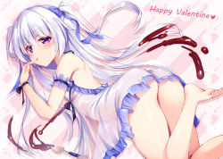 Rule 34 | 1girl, arm garter, ass, back, bare shoulders, barefoot, blue ribbon, blush, breasts, chocolate, chocolate syrup, english text, frills, hair between eyes, hair ribbon, holding, licking, licking finger, long hair, naoki (endofcentury102), original, purple eyes, ribbon, see-through, silver hair, small breasts, solo, spatula, striped, striped background, toes, two side up, valentine, wrist ribbon