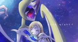 Rule 34 | 1girl, bare arms, blonde hair, blush, closed eyes, closed mouth, commentary request, creatures (company), english text, eyelashes, from side, game freak, gen 7 pokemon, legendary pokemon, lillie (pokemon), long hair, lunala, miu (miuuu 721), night, nintendo, outdoors, pokemon, pokemon (creature), pokemon sm, sky, sleeping, sleeveless, smile, split mouth, star (sky)