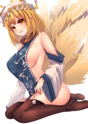 Rule 34 | 1girl, :d, absurdres, adapted costume, animal ears, bare shoulders, black thighhighs, blonde hair, blue tabard, breasts, commentary request, detached sleeves, ear cleaning, eyes visible through hair, fox ears, fox tail, full body, hat, highres, large breasts, medium hair, mimikaki, mob cap, multiple tails, naked tabard, open mouth, penglai tea, sideboob, simple background, sitting, smile, solo, tabard, tail, thighhighs, touhou, wariza, white background, yakumo ran, yellow eyes