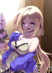Rule 34 | 1girl, absurdres, aki rosenthal, aki rosenthal (sleepwear), blonde hair, blue eyes, blue nightgown, blush, breasts, cleavage, highres, hololive, large breasts, long hair, looking at viewer, nightgown, official alternate costume, open mouth, pparus, smile, solo, twintails, virtual youtuber, white chemise