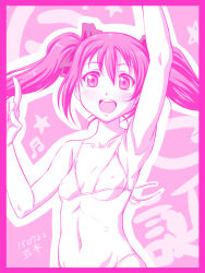 Rule 34 | 10s, 1girl, \m/, abriel00, arm up, armpits, bikini, blush, border, bow, breasts, covered erect nipples, hair between eyes, hair bow, long hair, love live!, love live! school idol project, monochrome, musical note, navel, nico nico nii, pink border, pink theme, small breasts, solo, star (symbol), swimsuit, twintails, yazawa nico