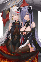 Rule 34 | 2girls, absurdly long hair, absurdres, aegir (azur lane), august von parseval (azur lane), azur lane, bad id, bad pixiv id, bare shoulders, black cape, black dress, black gloves, bodystocking, breast curtains, breasts, brown legwear, cape, cleavage, covered navel, cross, cross earrings, demon horns, dress, earrings, gloves, gold trim, hair over one eye, highres, horns, ichikushi mojibake, iron cross, jewelry, large breasts, long hair, looking at viewer, mechanical horns, microdress, multicolored hair, multiple girls, non-humanoid robot, purple eyes, purple hair, red hair, revealing clothes, robot, robot dragon, shiny skin, simple background, streaked hair, thighhighs, two-tone hair, very long hair, white gloves, white hair, yellow eyes