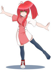 Rule 34 | 1girl, bad id, bad pixiv id, balancing, blunt bangs, character request, female focus, full body, green eyes, hime cut, kupala, outstretched arms, ponytail, red hair, shoes, simple background, single shoe, solo, source request, spread arms, standing, standing on one leg, thighhighs, white background