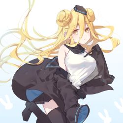 Rule 34 | 1girl, arknights, bare shoulders, black footwear, black hat, black jacket, black skirt, black thighhighs, blonde hair, blue background, breasts, brown eyes, closed mouth, commentary request, date a live, double bun, durin (arknights), floating hair, garrison cap, gradient background, hair between eyes, hair bun, hat, highres, hoshimiya mukuro, jacket, loafers, long hair, looking at viewer, medium breasts, mo (pixiv9929995), off shoulder, open clothes, open jacket, pleated skirt, shirt, shoes, skirt, sleeveless, sleeveless shirt, sleeves past fingers, sleeves past wrists, thighhighs, tilted headwear, very long hair, white background, white shirt