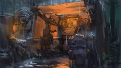 Rule 34 | 2boys, cockpit, commentary, english commentary, glowing, gun, highres, looking to the side, mecha, military, multiple boys, original, rain, robot, science fiction, tent, weapon, xerbatt