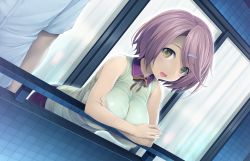 Rule 34 | 1girl, arm rest, bent over, blush, breasts, collared shirt, crossed arms, curtains, door, dutch angle, game cg, hair ornament, hairclip, happy, higashiboujou akira, highres, ishikei, large breasts, looking at viewer, love cube, night, open mouth, outdoors, purple hair, shirt, short hair, skirt, sleeveless, smile, solo focus, standing, yellow eyes