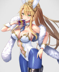 Rule 34 | 1girl, animal ears, armpits, artoria pendragon (fate), artoria pendragon (swimsuit ruler) (fate), bare shoulders, blonde hair, breasts, rabbit ears, card, cleavage, cleavage cutout, close-up, clothing cutout, cuboon, detached collar, fake animal ears, fate/grand order, fate (series), feather boa, female focus, fishnet pantyhose, fishnets, green eyes, grey background, hair between eyes, hand on own hip, large breasts, long hair, looking at viewer, navel, necktie, pantyhose, playboy bunny, playing card, ponytail, sidelocks, smile, solo, standing, thigh strap, tiara, twitter username, upper body, wrist cuffs