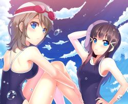 Rule 34 | 10s, 2girls, absurdres, arm up, armpits, back, bare shoulders, black hair, blue eyes, blue one-piece swimsuit, blunt bangs, blush, breasts, brown hair, cloud, competition school swimsuit, day, from side, goggles, goggles on head, green eyes, grey hair, hair ornament, hairclip, hand on own hip, highleg, highleg swimsuit, highres, knees up, kurosawa dia, large breasts, legs, long hair, love live!, love live! school idol project, love live! sunshine!!, mole, mole under mouth, multiple girls, narrow waist, one-piece swimsuit, outdoors, parted lips, school swimsuit, short hair, sidelocks, sitting, sky, swim cap, swimsuit, watanabe you, water drop, wintersteam