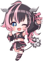 Rule 34 | 1girl, :d, ahoge, arm up, armpits, belt, belt collar, black belt, black footwear, black hair, black jacket, black skirt, black sleeves, bloomers, blue eyes, blush, bra, chibi, clenched hand, collar, commentary request, cropped jacket, demon girl, demon horns, demon tail, detached sleeves, fangs, flat chest, flower, full body, grey horns, hair flower, hair ornament, hair ribbon, horns, jacket, kino haruc, long hair, long sleeves, looking at viewer, medium bangs, midriff, multicolored hair, nanashi inc., navel, o-ring, o-ring thigh strap, oinomori may, oinomori may (1st costume), one eye closed, one side up, open mouth, outline, pink bloomers, pink bra, pink hair, pink ribbon, pink socks, pleated skirt, ribbon, shoes, simple background, skirt, sleeveless, sleeveless jacket, smile, socks, solo, studded footwear, tail, thigh strap, transparent background, two-tone hair, underwear, virtual youtuber