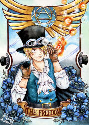 Rule 34 | 1boy, absurdres, ascot, black eyes, black hat, blonde hair, brown gloves, closed mouth, commentary request, english text, gloves, goggles, goggles on headwear, hair over one eye, hat, highres, male focus, one eye closed, one eye covered, one piece, plussquare, sabo (one piece), scar, scar across eye, scar on face, short hair, smile, solo, top hat, white ascot
